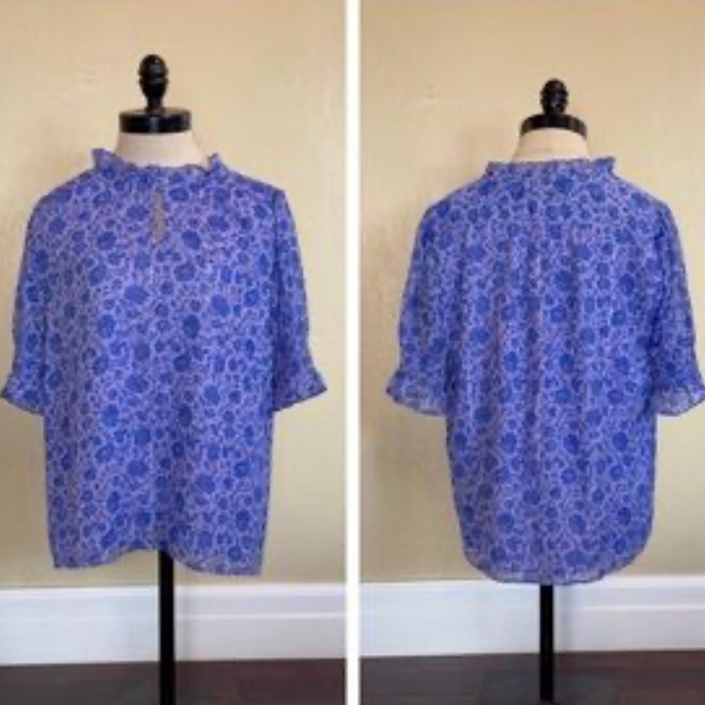 J. Crew Blue Floral Ruffle Neck Blouse